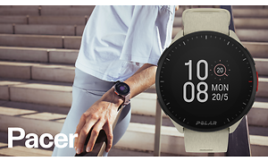 Polar - A Polar Pacer sportswatch on the wrist of a female runner