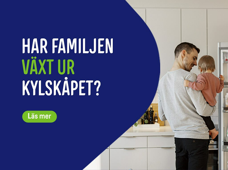 Elgiganten banner med texten "Har familjen växt ur kylskåpet?".