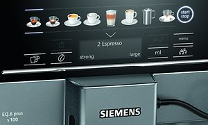 coffeeSelect display på en Siemens kaffemaskin EQ. 6 Plus S100 som visar olika sorters kaffedrycker