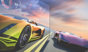 Samsung-En racingbil på skärm bredvid en illustrerad racingbil på en illustrerad väg