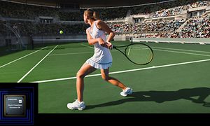 Samsung-Kvinnlig tennisspelare på en tennisplan med åskådare vid sidan 
