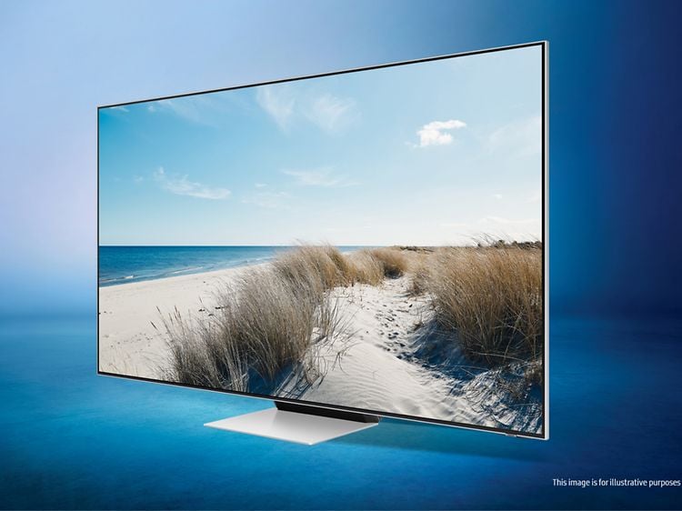 Samsung-QN95B TV-skärm med torrt högt gräs på en sandstrand i fint väder
