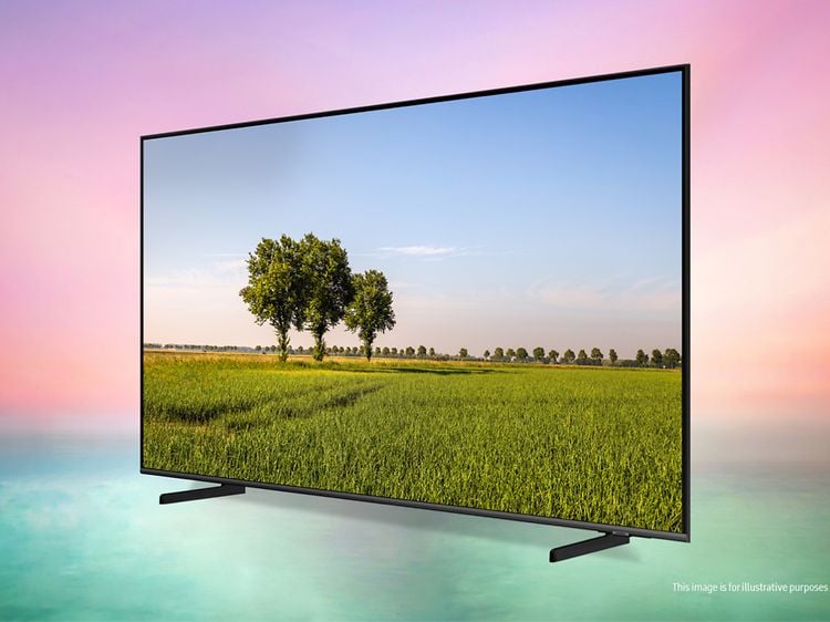Samsung-TV-Q68B Skärm med gröna slätter och träd och blå himmel i bakgrunden