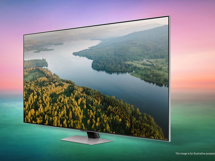 Samsung-TV-Q83B-skärm med fjord och skogar sedda uppifrån 