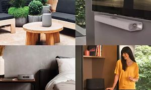 4 bilder med olika sorters högtalare i uterummet, sovrummet, under TV:n och i vardagsrummet