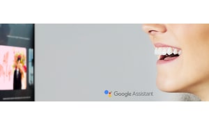 Kvinnas ansikte bredvid en TV och med Google Assistant-text på bilden