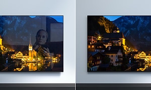 2 TV-skärmar bredvid varandra för jämförelse, en med reflektioner och en utan, och viss skillnad i färgåtergivning