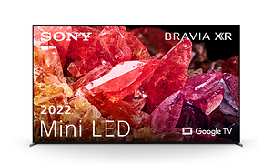 Sony-TV med Mini-LED som visar fina stenar i starka färger och med vit text med vilka brands som hör till TV:n samt 2022
