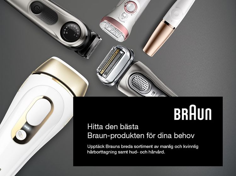 Braun shaver, IPL, trimmer och epilator mot grå bakgrund och texten Hitta den bästa Braun-produkten för dina behov