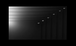 TV-storlekar i en illustrerad jämförelsestabell i svart-vitt från den minsta längst fram till den största längst bak
