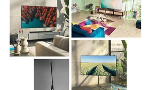 LG-skärmar i olika vardagsrum där motivet ser ut som ett konstverk och i tillägg en bild av en skärm i profil