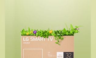 En LG TV-förpackning där det ser ut att växa blommor ur öppningen