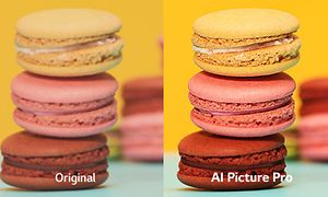 Två lika motiv av macaroner i olika färger där den ena bilden har bleka färger och den andra delen har klarare färger.