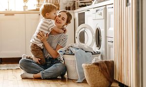 Mother and child in the laundry room