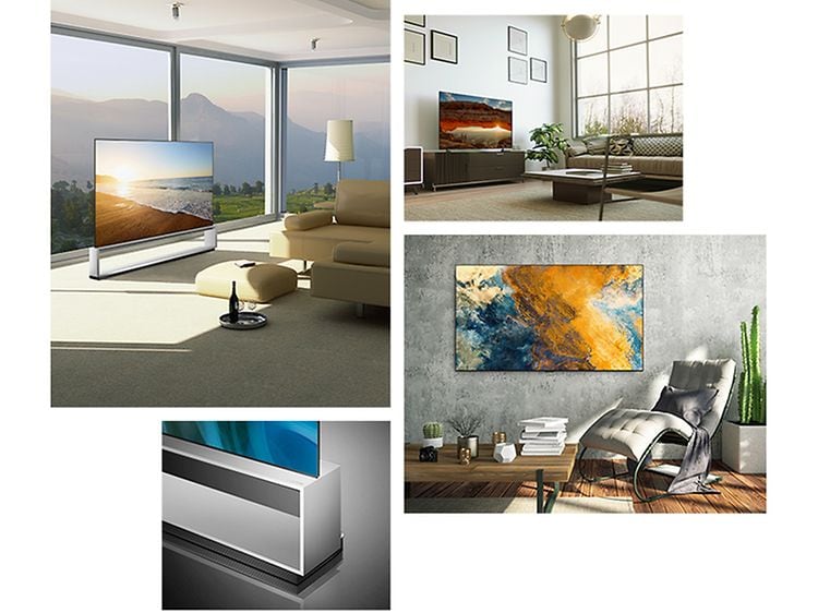 Olika varianter av TV-skärmar i olika rum med väggfäste eller stativ 