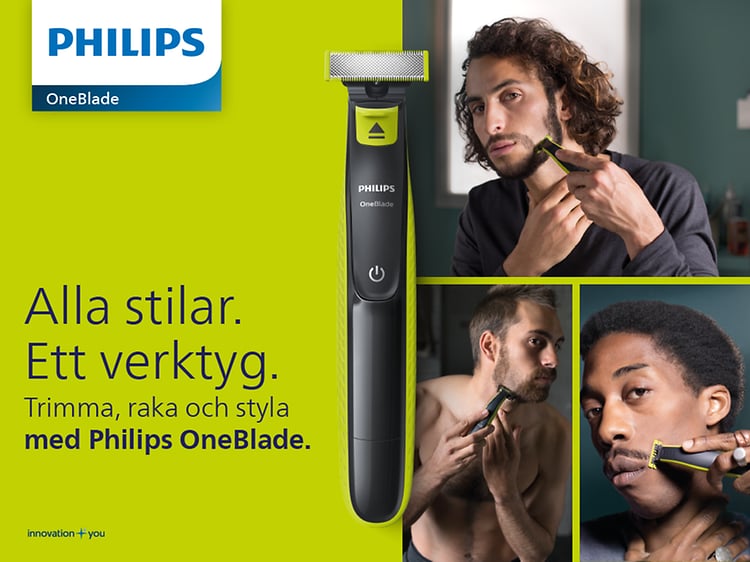 Olika bilder på män som rakar och trimmar sig med Philips OneBlade