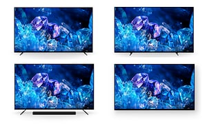 4 Sony TV-skärmar med alternativ på hur det kan se ut med stativ, soundbar och väggfästen