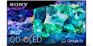 Produktbild av en Sony Bravia A95K QD OLED TV med gröna och blåa kristaller som visas på skärmen