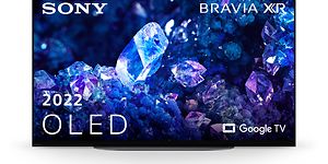 Produktbild av en Sony Bravia A90K OLED TV med blåa och lilatonade kristaller på skärmen