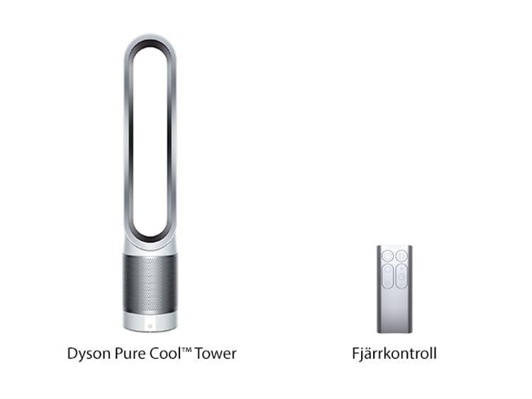 Dyson Pure Cool Tower TP00 och en fjärrkontroll med svensk text under