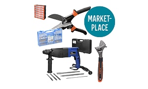 Produkter för hemrenovering, bland annat en skiftnyckel och skruvar, med en rund Marketplace-logga i högra hörnet