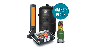 Olika sommarprodukter, som grill, blender och terrassvärmare med en rund Marketplace-logga i högra hörnet