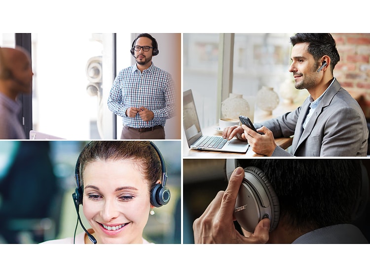 Bilden är delad i fyra och visar fyra olika kontorsarbetare där alla har olika sorters headset på sig. 