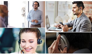 Bilden är delad i fyra och visar fyra olika kontorsarbetare där alla har olika sorters headset på sig. 
