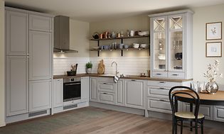 EPOQ - K19 - Kitchen - Heritage Light Grey - Classic - Glass Cabinet - Dining table - Laminate Medusa Brown - Wood - Decor Shelv