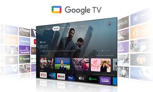 Google-TV på en skärm där en filmvalsmeny syns och många appar i bakgrunden bakom TV:n