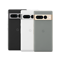 Produktbild av tre Google Pixel Pro 7 i svart, vitt och limegrönt