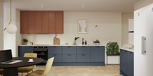 EPOQ kök i serien Trend BlueGrey och Sienna med vit laminatbänkskiva och svarta handtag och svart kran.