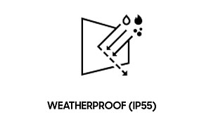 Illustrerad weatherproof-ikon med en TV-skärm och regn-, eld- och snösymboler med pilar mot skärmen