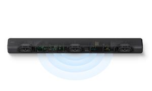 Soundbar med genomskinligt hölje där man ser högtalarna och illustrerade ljudvågor