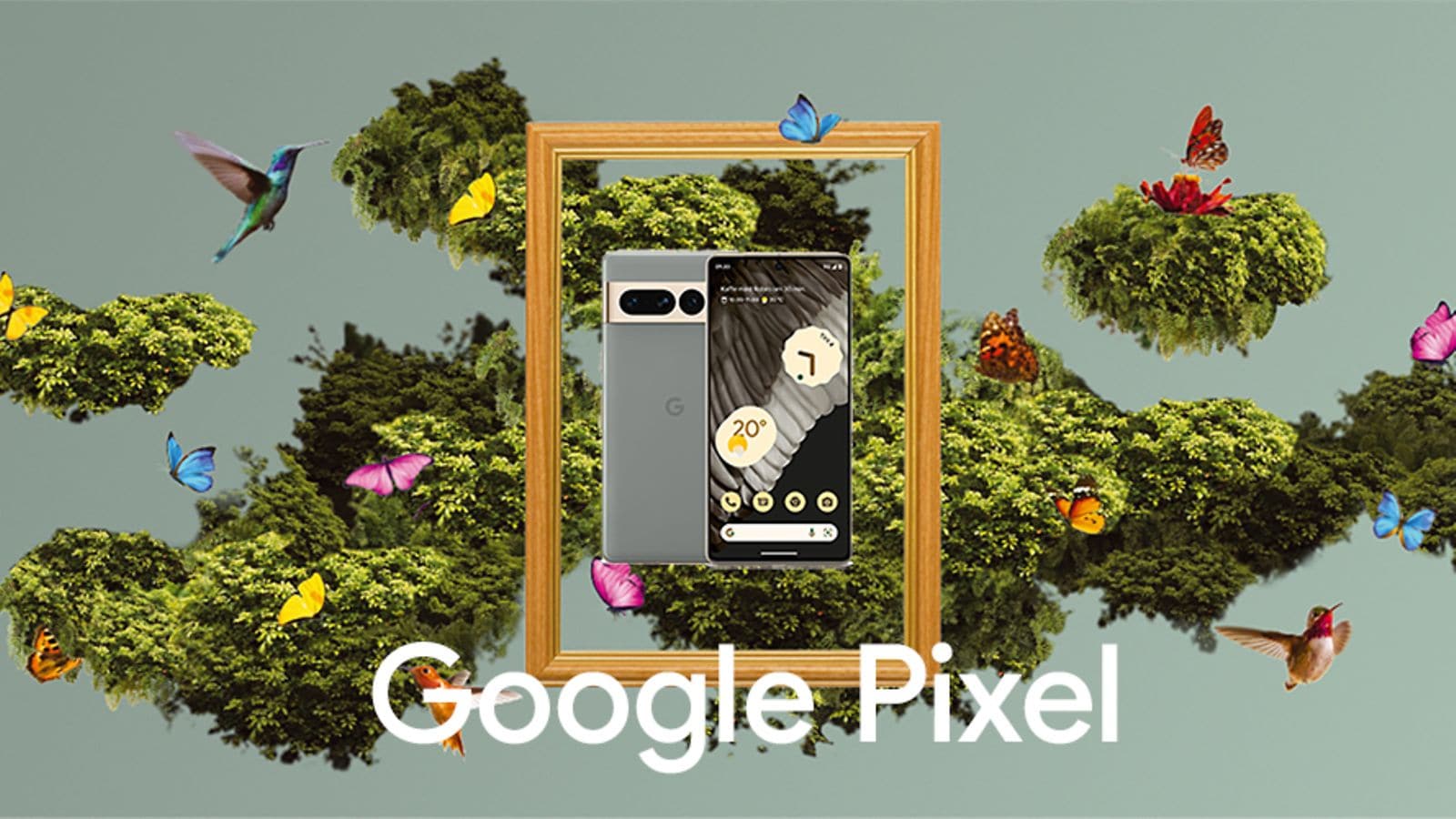 Google Pixel 7 Pro i en ram omgiven av fåglar och fjärilar