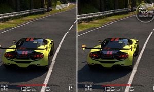 Två jämförande bilder som visar ett racingspel med och utan AMD FreeSynch Premium Pro 