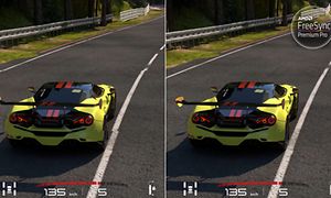 Två jämförande bilder som visar ett racingspel med och utan AMD FreeSynch Premium Pro