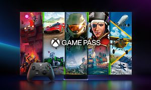 X-box-kontroll och en Samsung gaming-TV som visar olika speltitlar på skärmen med texten GamePass
