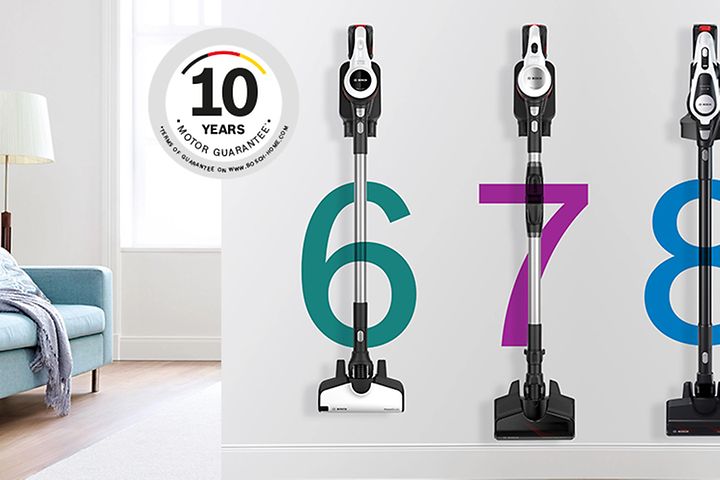 Bosch Unlimited dammsugare serie 6, 7 och 8 hängande på väggen och en garantilogotyp