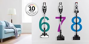 Bosch Unlimited dammsugare serie 6, 7 och 8 hängande på väggen och en garantilogotyp