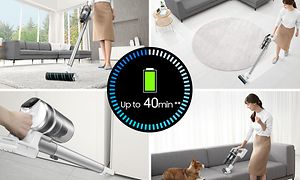 Collage av Samsung Jet-dammsugare som utför upp till 40 minuters rengöring