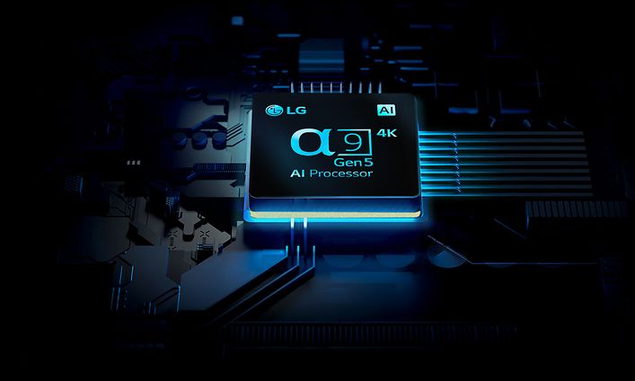 Bild av α9 Gen5 AI Processor 4K-chip upplyst av blått ljus