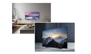 Collage med två LG TV-skärmar i olika omgivningar som visar naturmotiv, den ena i ett vardagsrum, den andra mot grå bakgrund