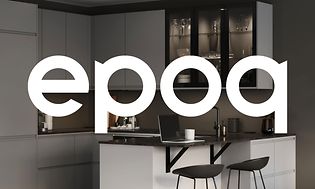 Grått EPOQ kök i modellen Integra med en vit EPOQ-logga.