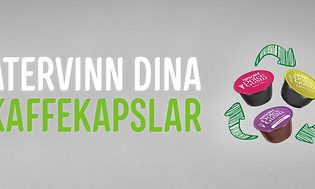 Banner med texten: Återvinn dina Nescafe Dolce Gusto kaffekapslar.