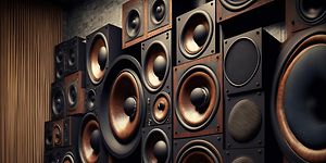 Subwoofer: Flera vintagehögtalare utgör en hel vägg.