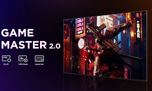 TCL QLED770 TV showing a video game and the text TV Game master 2.0 with ALLM, VRR mode and Game bar icons
