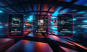 4K HDR PRO icons showing benefits 4K HDR such as 4K resolution, UHD AI upscaling and noise reduction