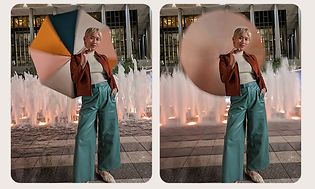 Två bilder av en kvinna med ett paraply som visar hur lång exponeringstid skapar en konstnärlig oskärpa
