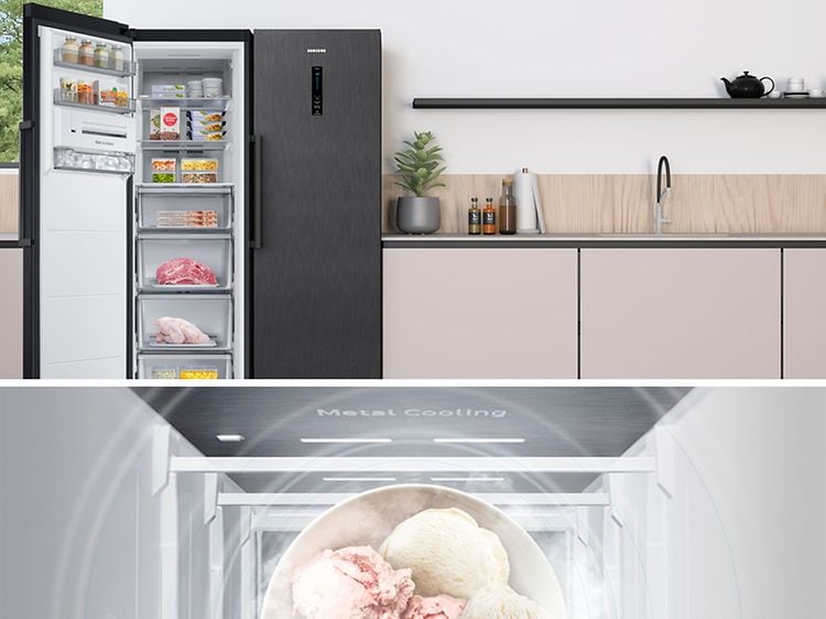 Collage med Samsung-frys i ett kök och en detaljerad bild av Metal Cooling